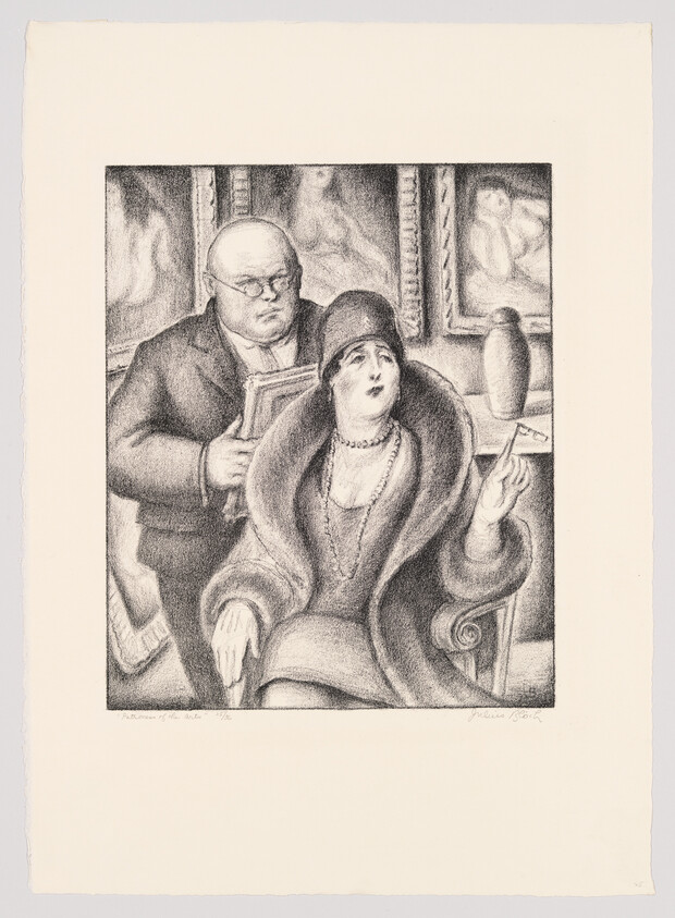 Woman in a fur coat sits smoking a cigarette while a man examines paintings behind her.