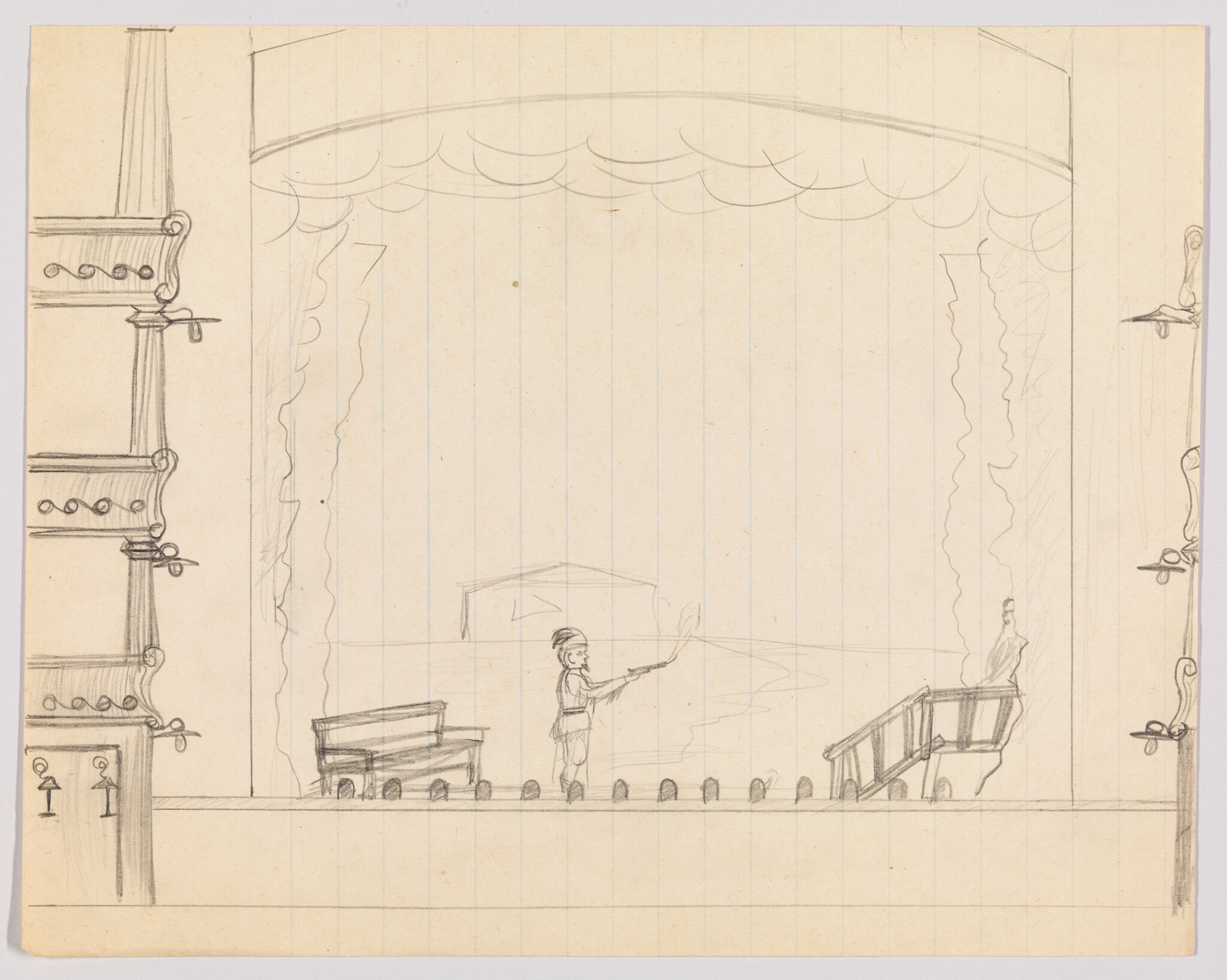 A lone actor on stage points a torch toward a figure seated on a balcony.