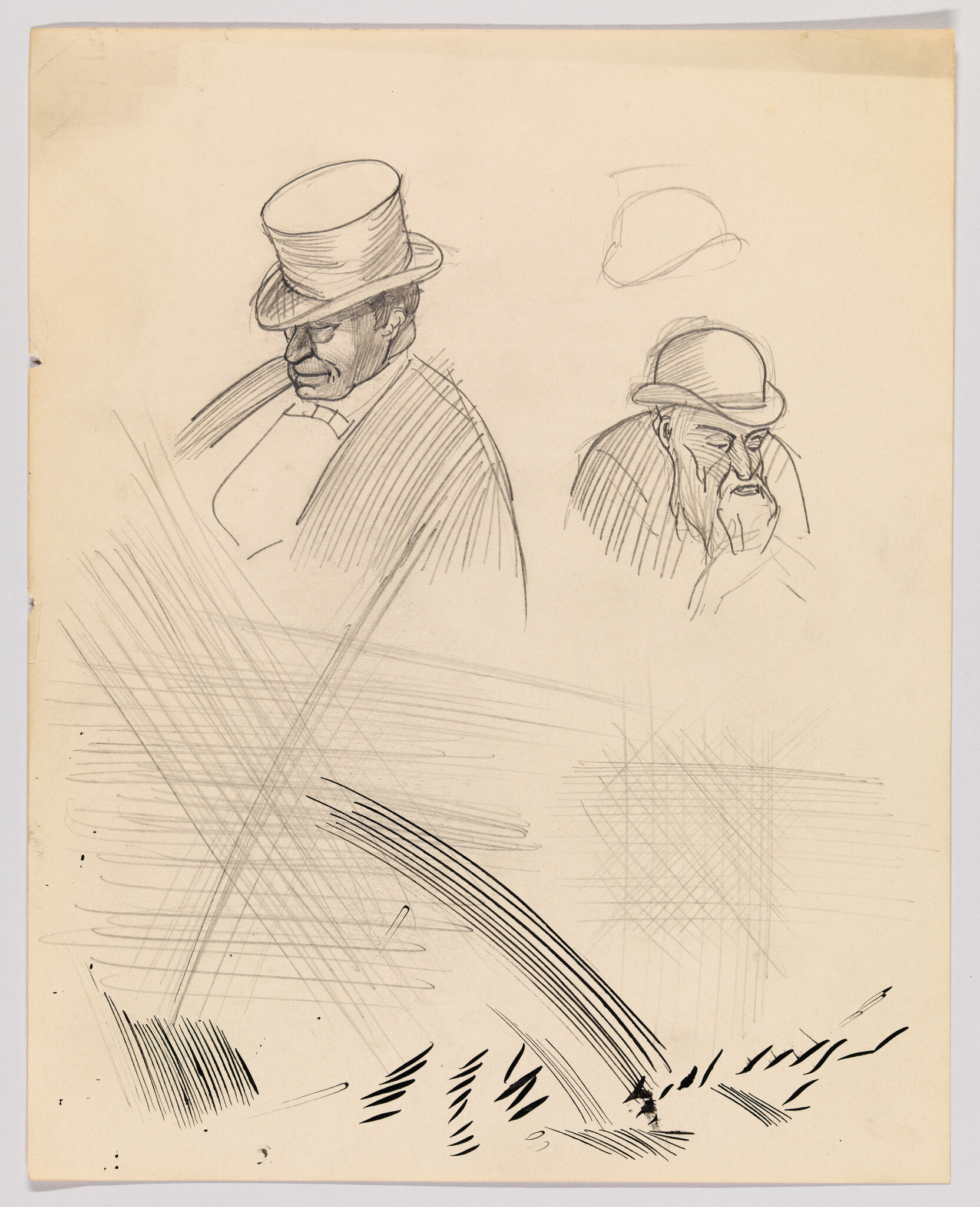 A sketch on aged paper featuring two detailed drawings of a man's profile: one with a top hat and another with a bowler hat, both with the man's face obscured. There's also a separate sketch of a hat and various pencil stroke tests on the page.