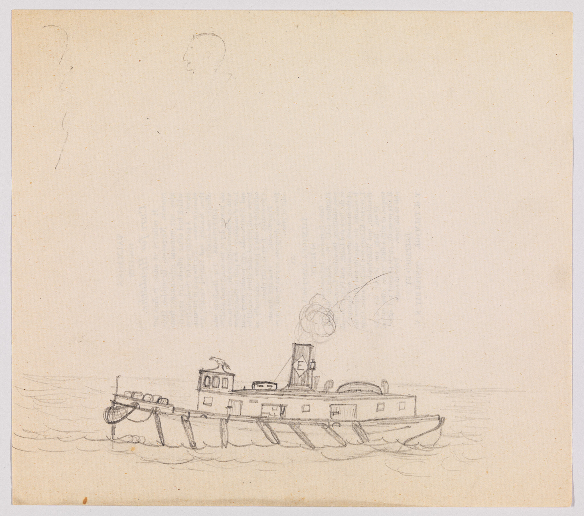A pencil sketch shows a small steam tugboat with smoke rising from its funnel on calm water.
