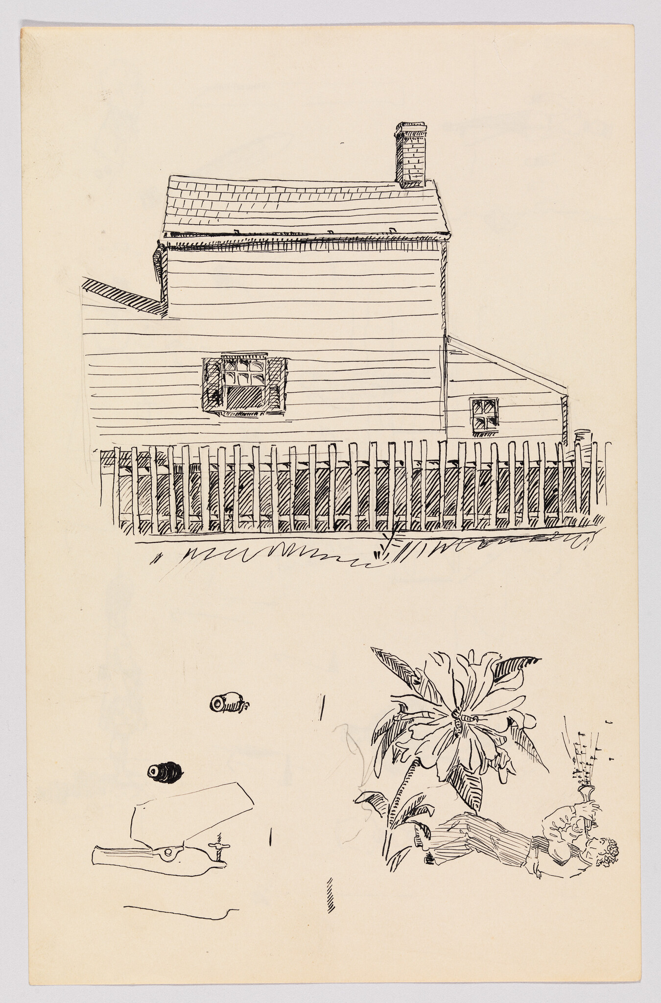 Pen sketch showing a simple two-story house with a picket fence and a person holding flowers.