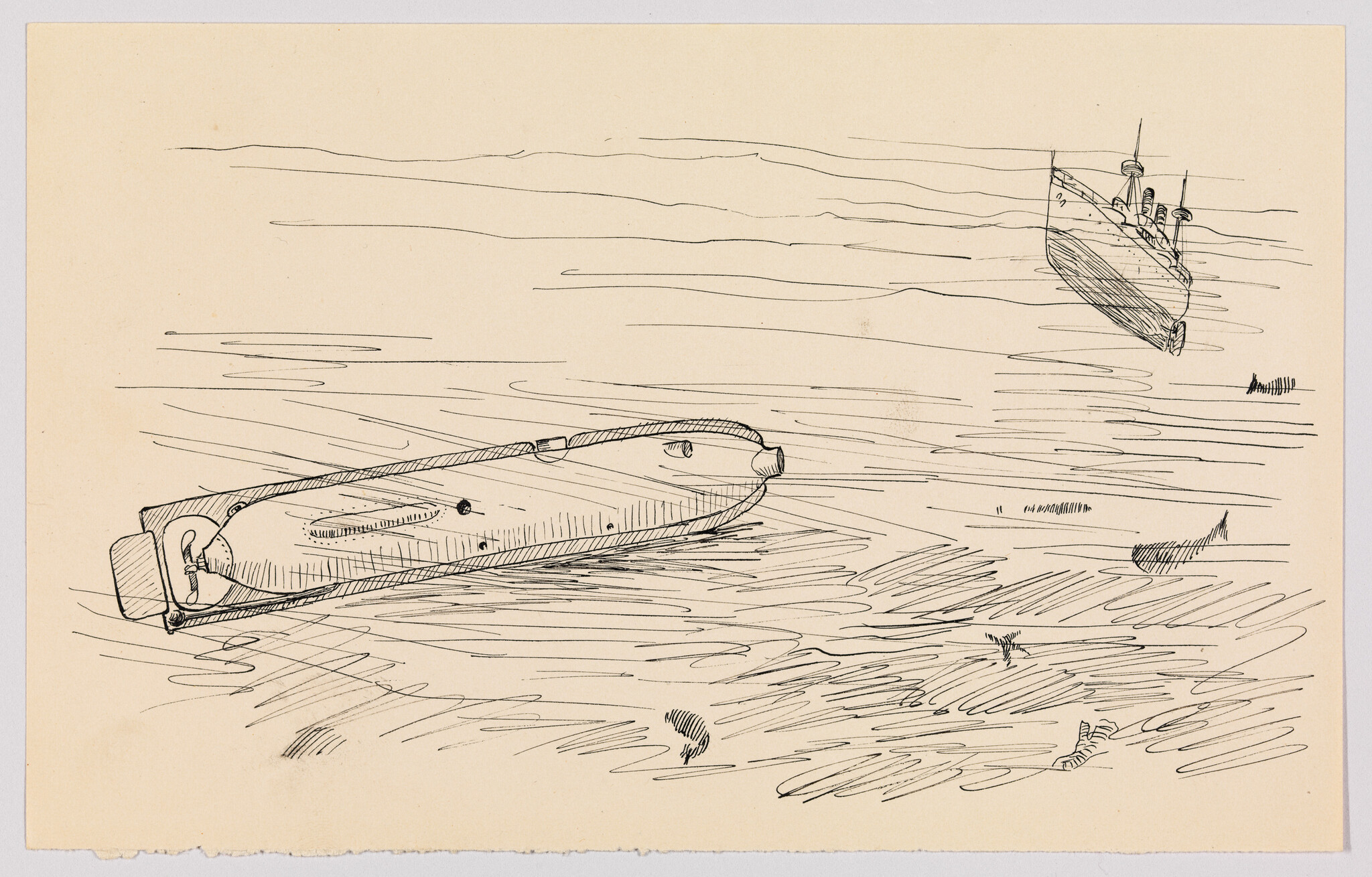 A drawn torpedo floats in the water with a passenger ship visible on the horizon.