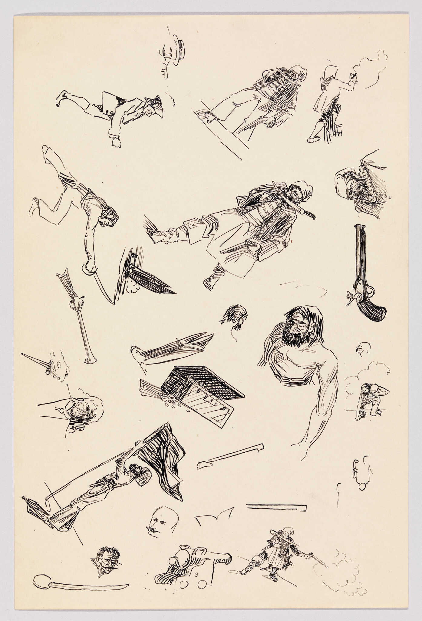 Multiple ink sketches of pirate figures, weapons, and small action scenes across the page.