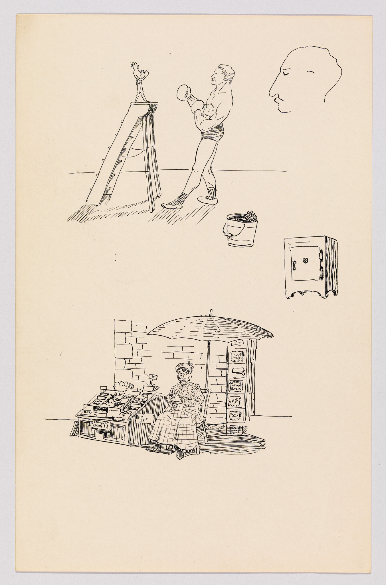 An elderly street vendor sits under an umbrella beside crates of fruit and small signs.