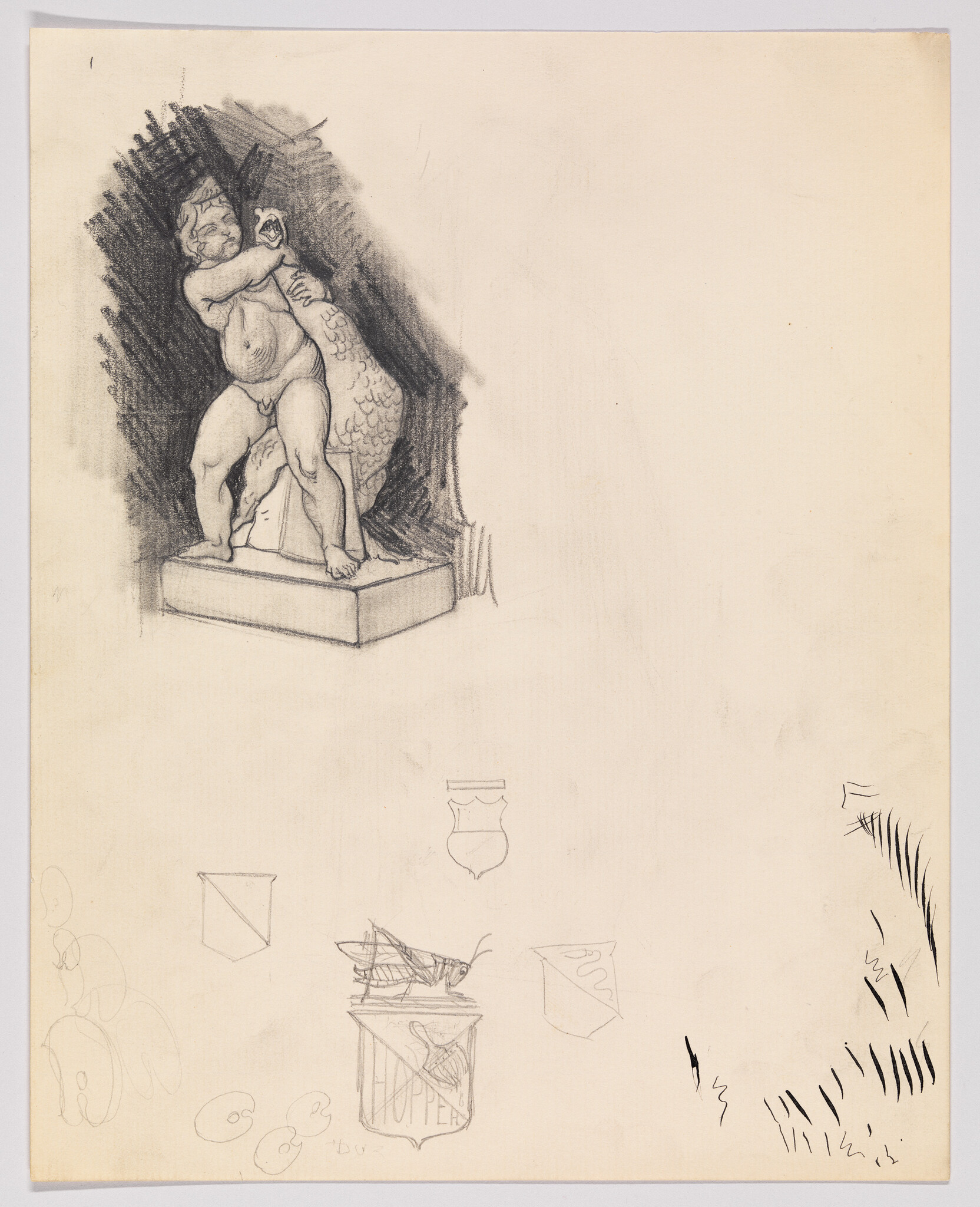 Cherubic figure wrestling a swan-like creature on a pedestal, pencil sketch with additional doodles.