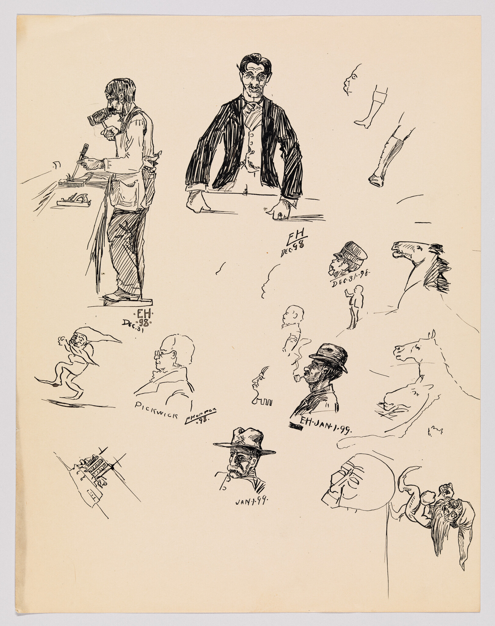 Multiple pen-and-ink sketches show men, horse heads, and small figures arranged on blank paper.