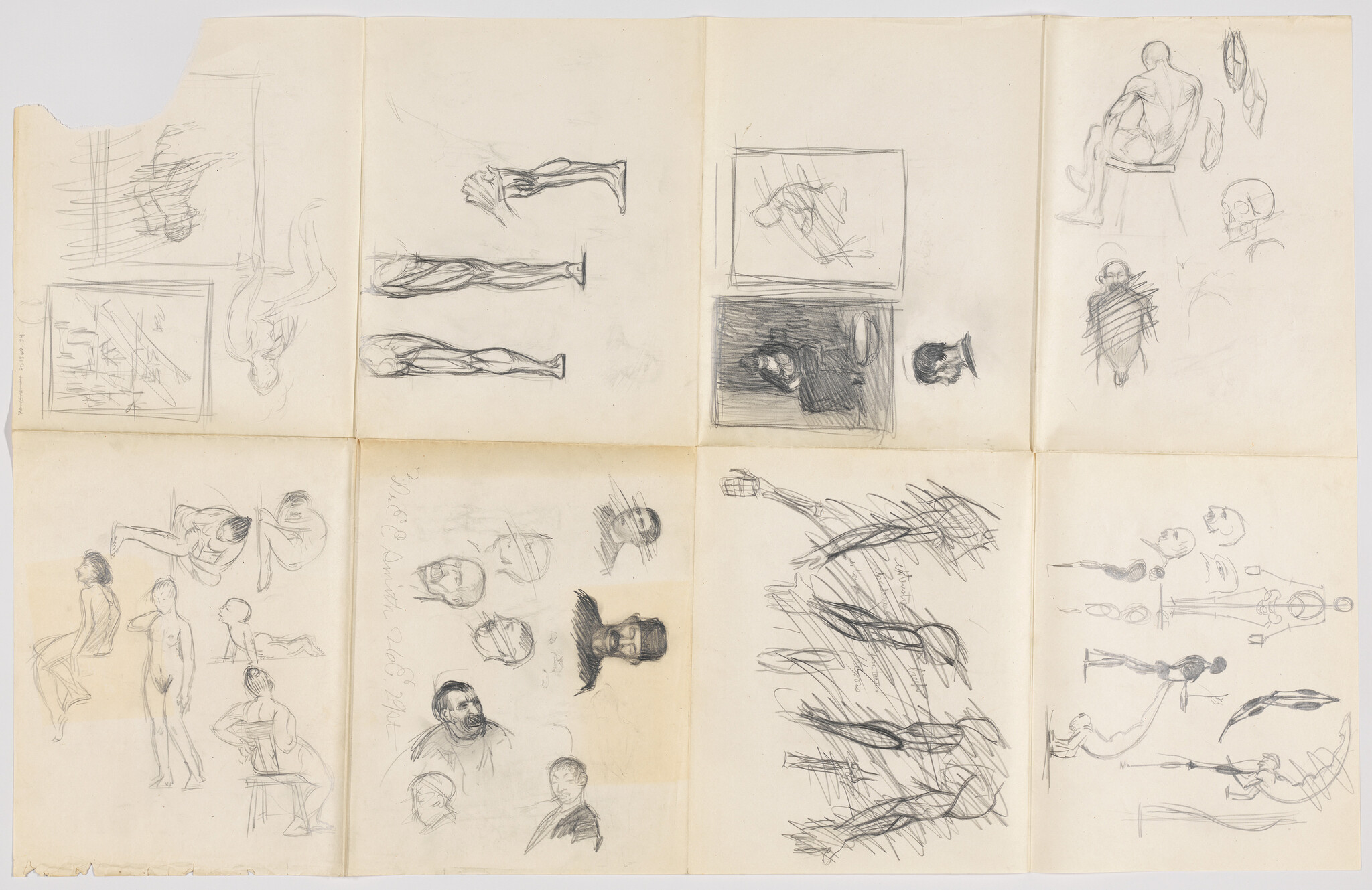 Large sheet covered with multiple pencil sketches of human figures, heads, and anatomical studies.