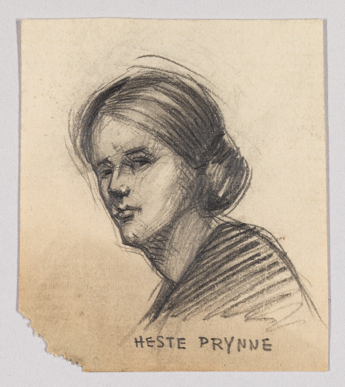 Portrait sketch of a woman looking over her shoulder with "HESTE PRYNNE" written below.