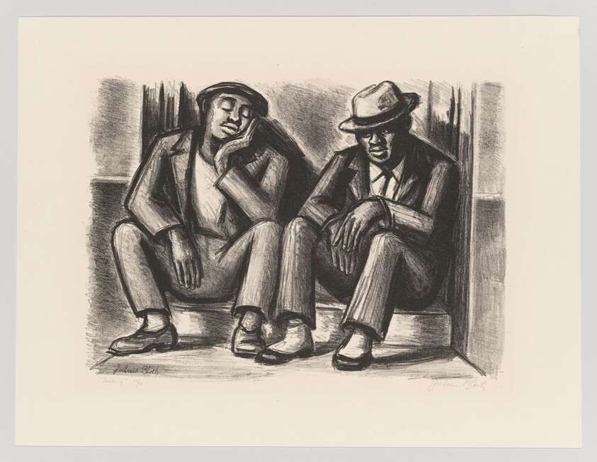 Two men in suits and hats sit on a stoop, one asleep and the other looking down.