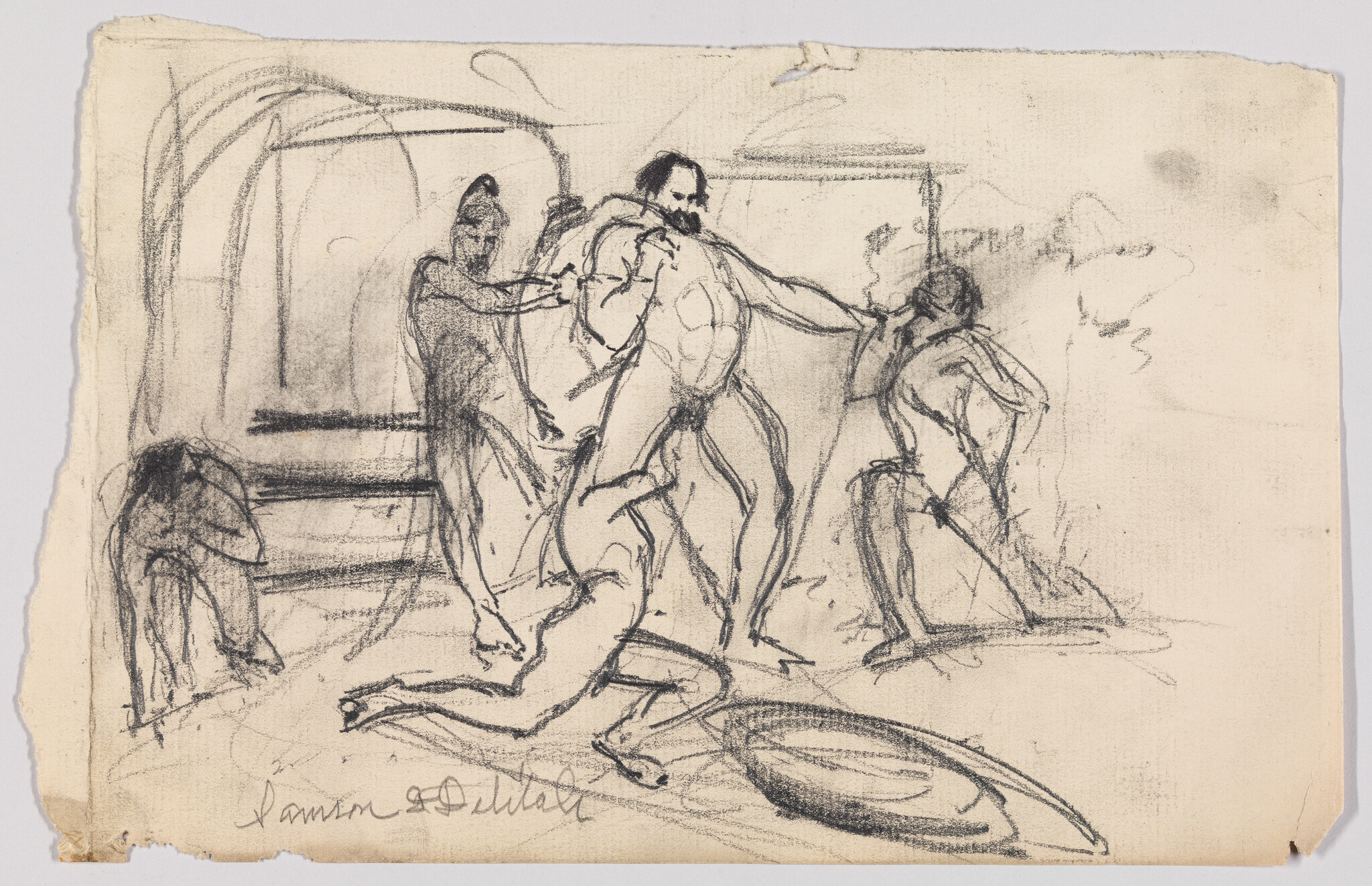 A muscular bearded man restrains another figure while others kneel and gesture around him.