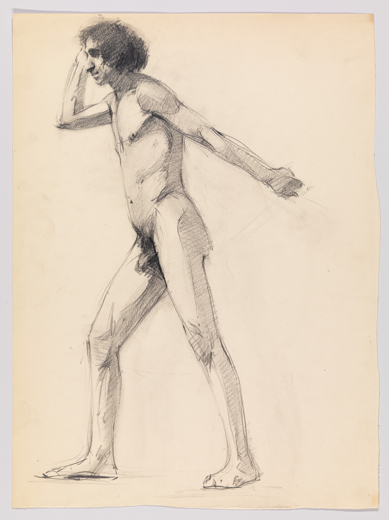 A sketch on aged paper depicting a side view of a standing male figure in a dynamic pose, with one hand raised to his forehead and the other extended behind him. The figure appears to be in mid-stride, with detailed shading accentuating the musculature and form.