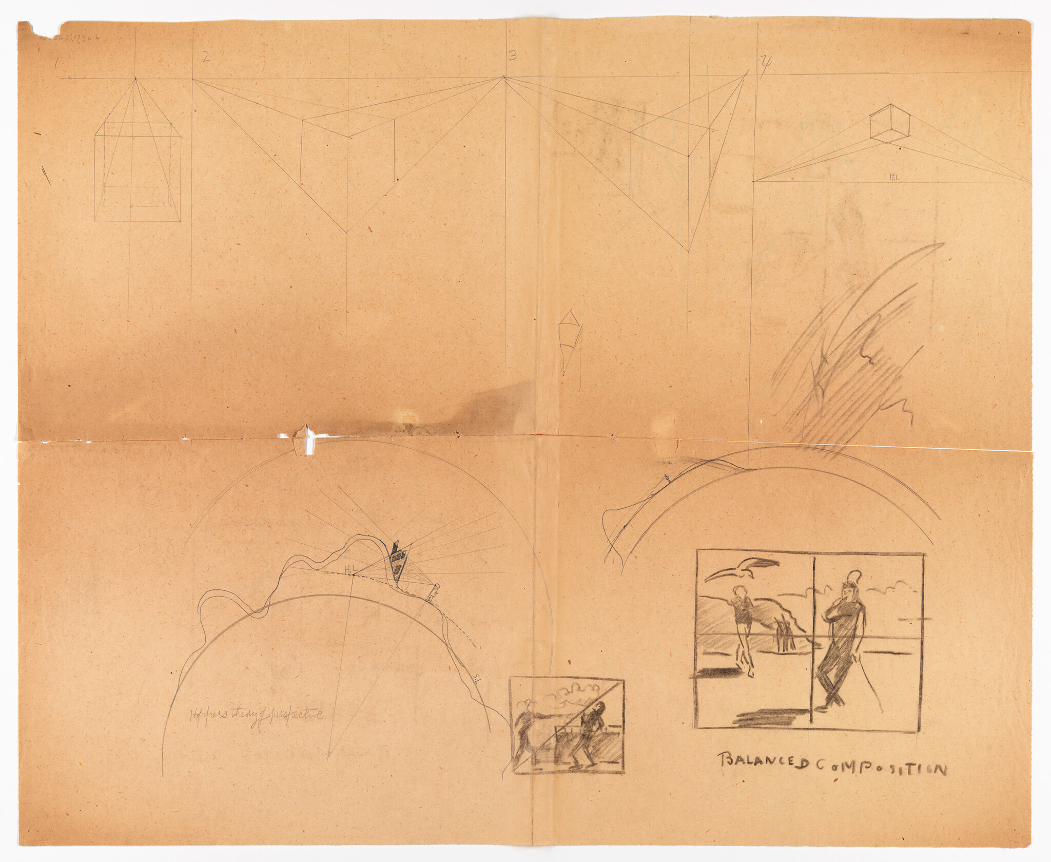 Pencil perspective sketches and small figure studies with the caption "Balanced Composition" at bottom right.
