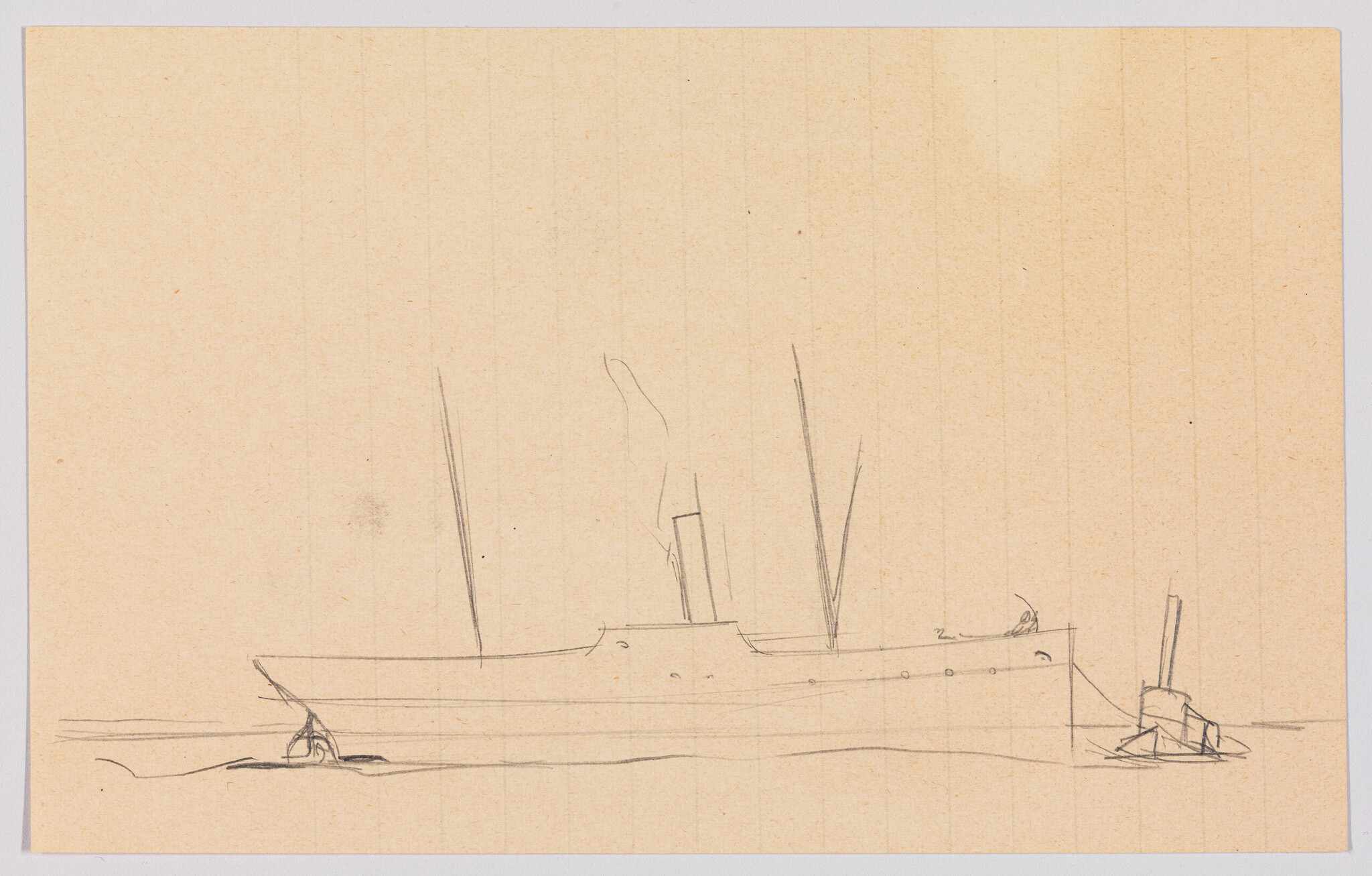 A simple pencil sketch of a steamship with tall masts and a small boat alongside.