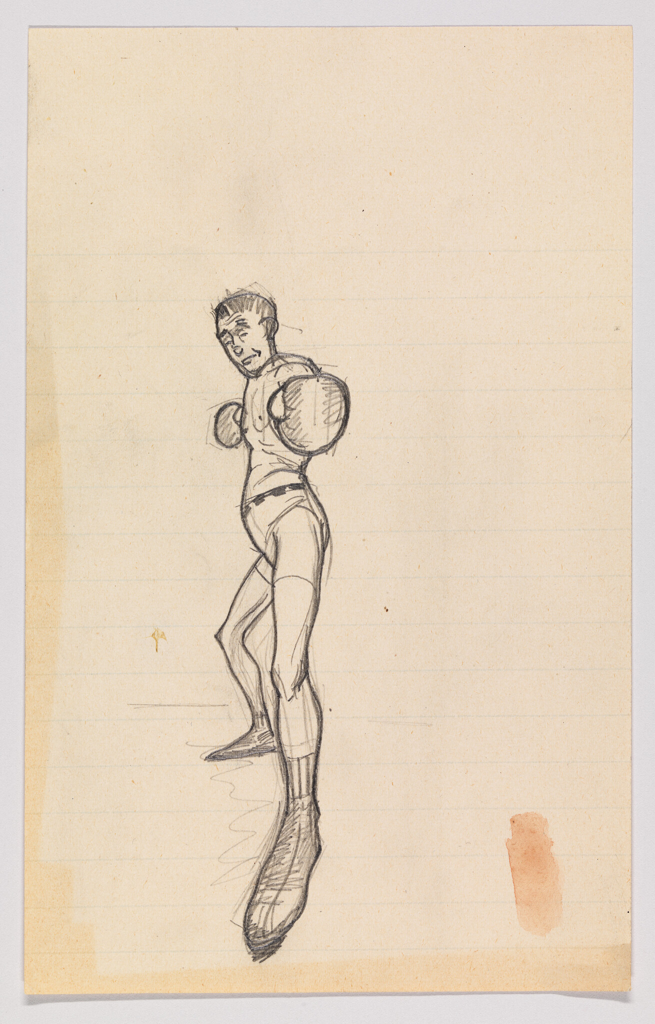 A pencil sketch shows a boxer wearing gloves standing in a fighting stance on lined paper.