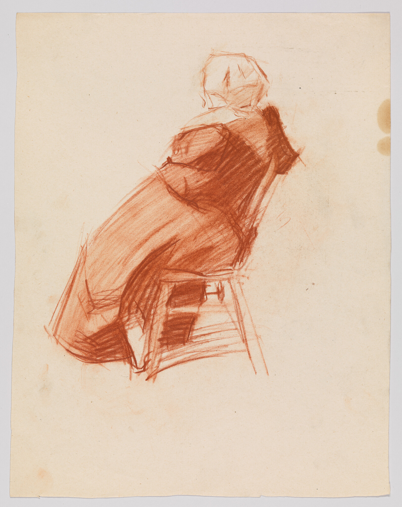 A loose red chalk sketch of a person leaning back while seated on a stool.