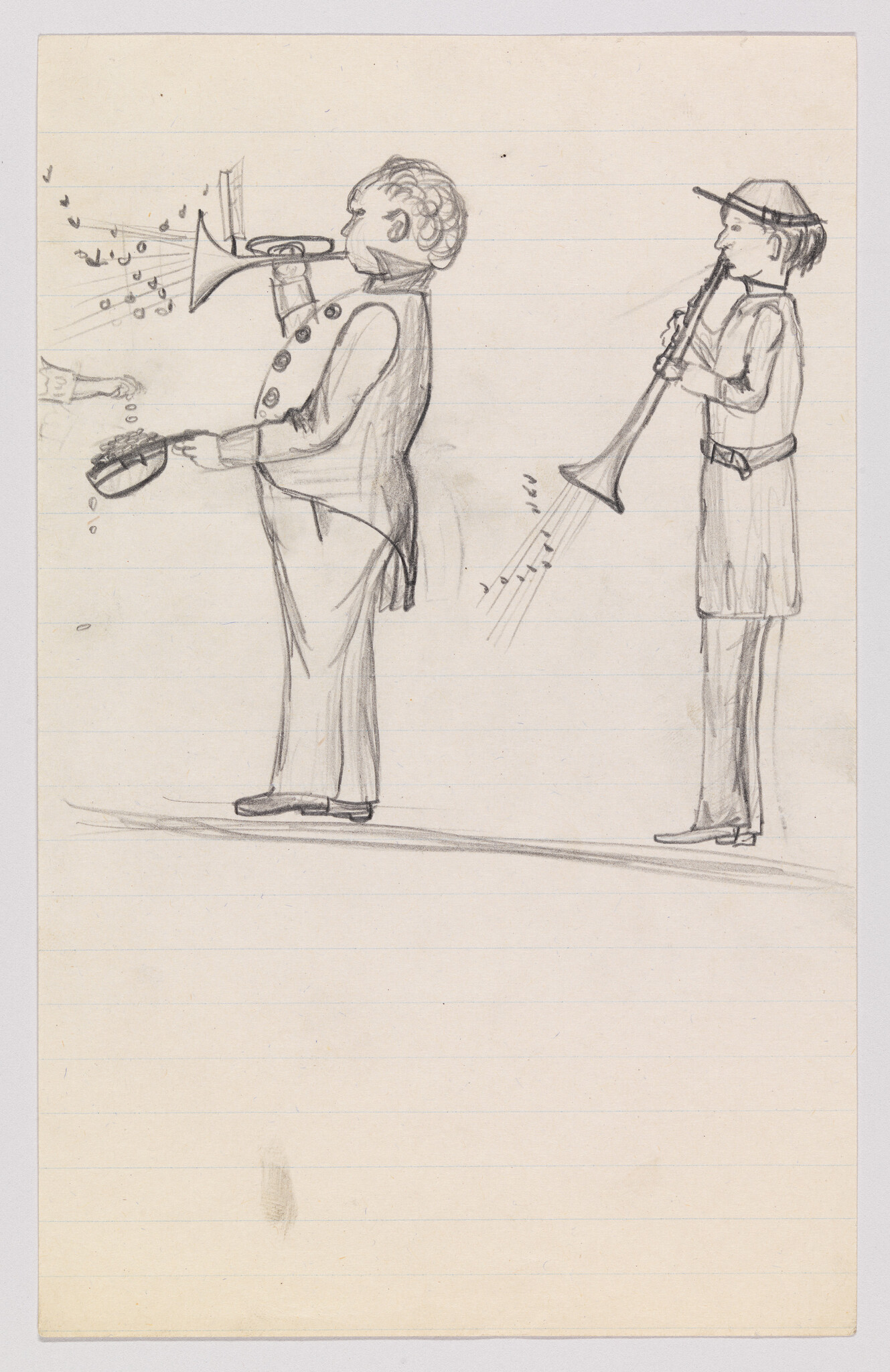 Two street musicians play brass and woodwind while a hat collects coins from a passerby.