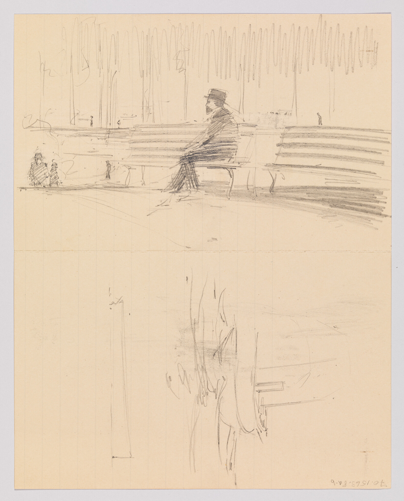 A man wearing a hat sits alone on a park bench while faint figures and trees appear.