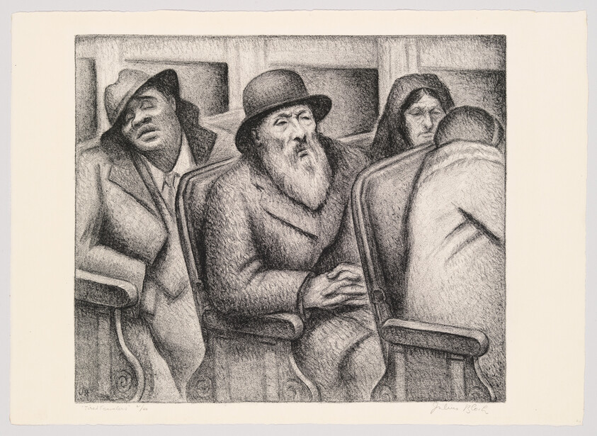An elderly bearded man sits between other tired passengers on a wooden bench.