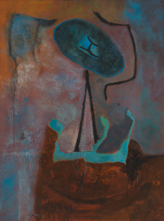 Tall abstract figure with a large blue oval head and raised arms above turquoise shapes.
