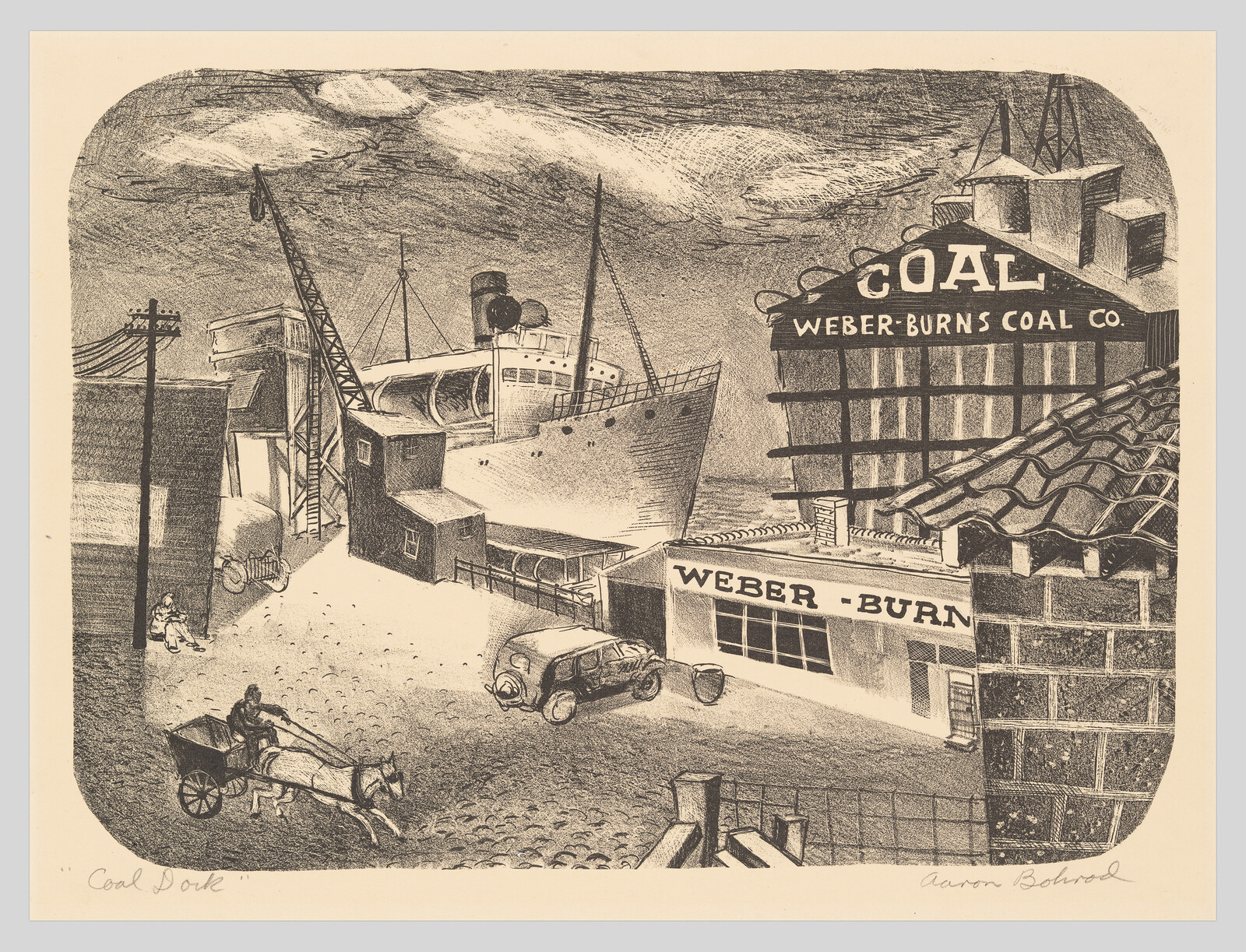 A busy coal dock with a ship, Weber-Burns Coal Co. sign, horse cart, and parked car.