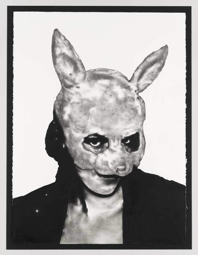 Person wearing a worn rabbit mask with dark eye holes stares directly at the camera.