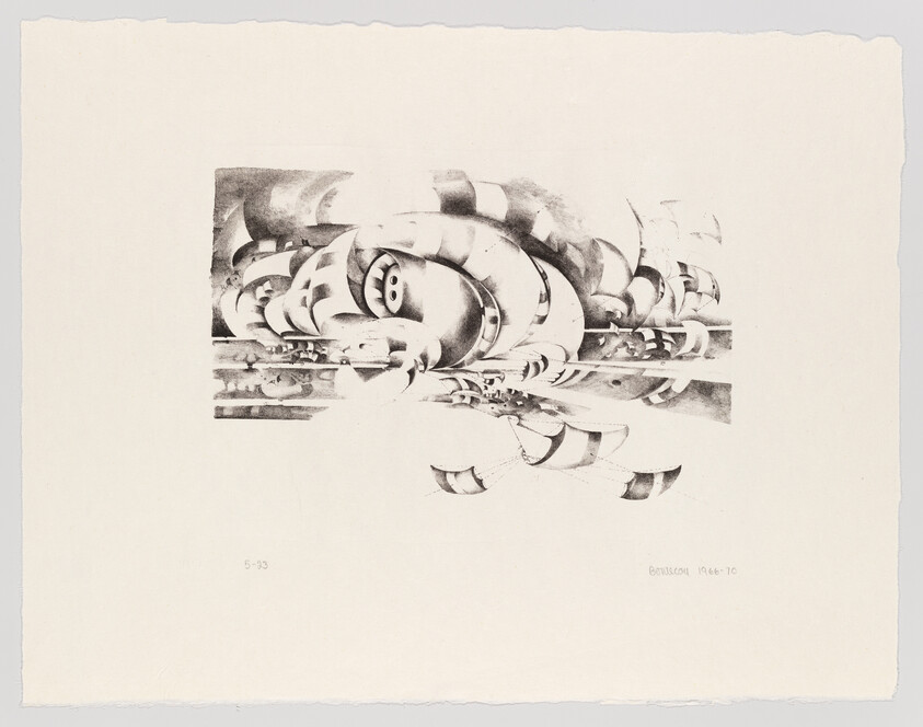 Abstract monochrome drawing with curved striped tubes and a stylized face peeking from the shapes.