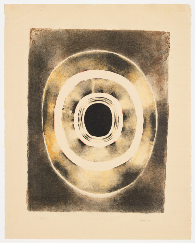 Concentric oval rings in earthy tones surround a deep black center on textured paper.