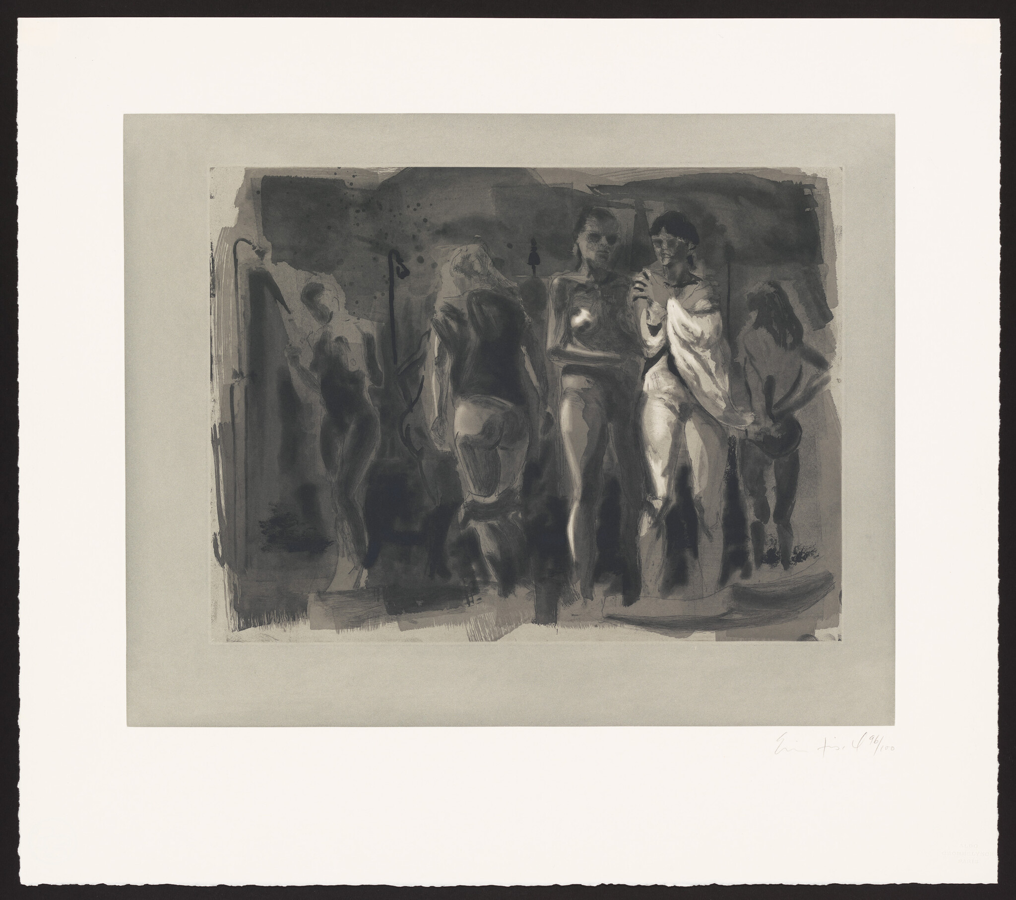 Five standing female figures in a dark gray scene, two central figures facing forward and one wrapped in cloth.