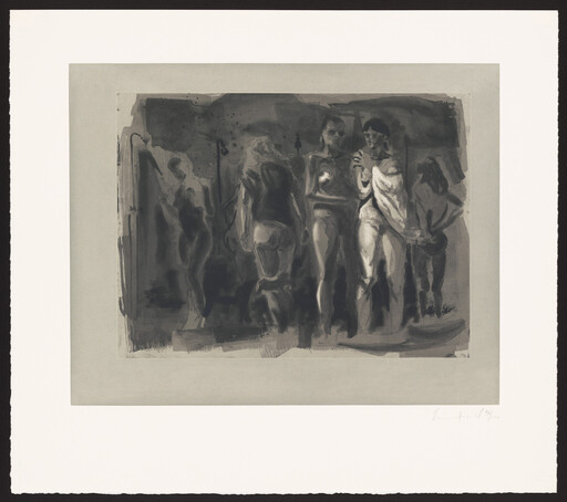 Five standing female figures in a dark gray scene, two central figures facing forward and one wrapped in cloth.