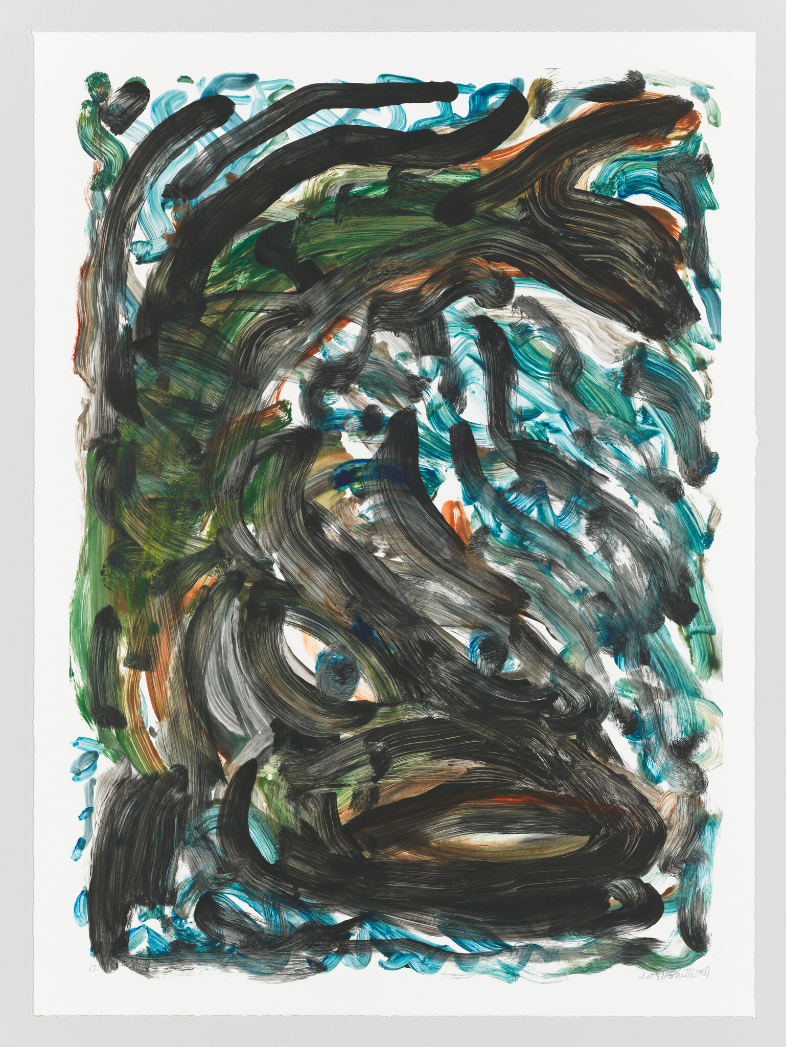 Large abstract painting with sweeping black, green, and blue brushstrokes forming swirling shapes.