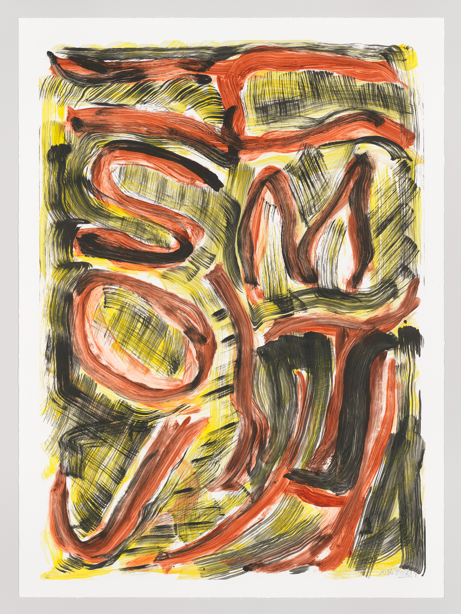 Bold red and black brushstrokes swirl over yellow cross-hatching to form loose abstract shapes.