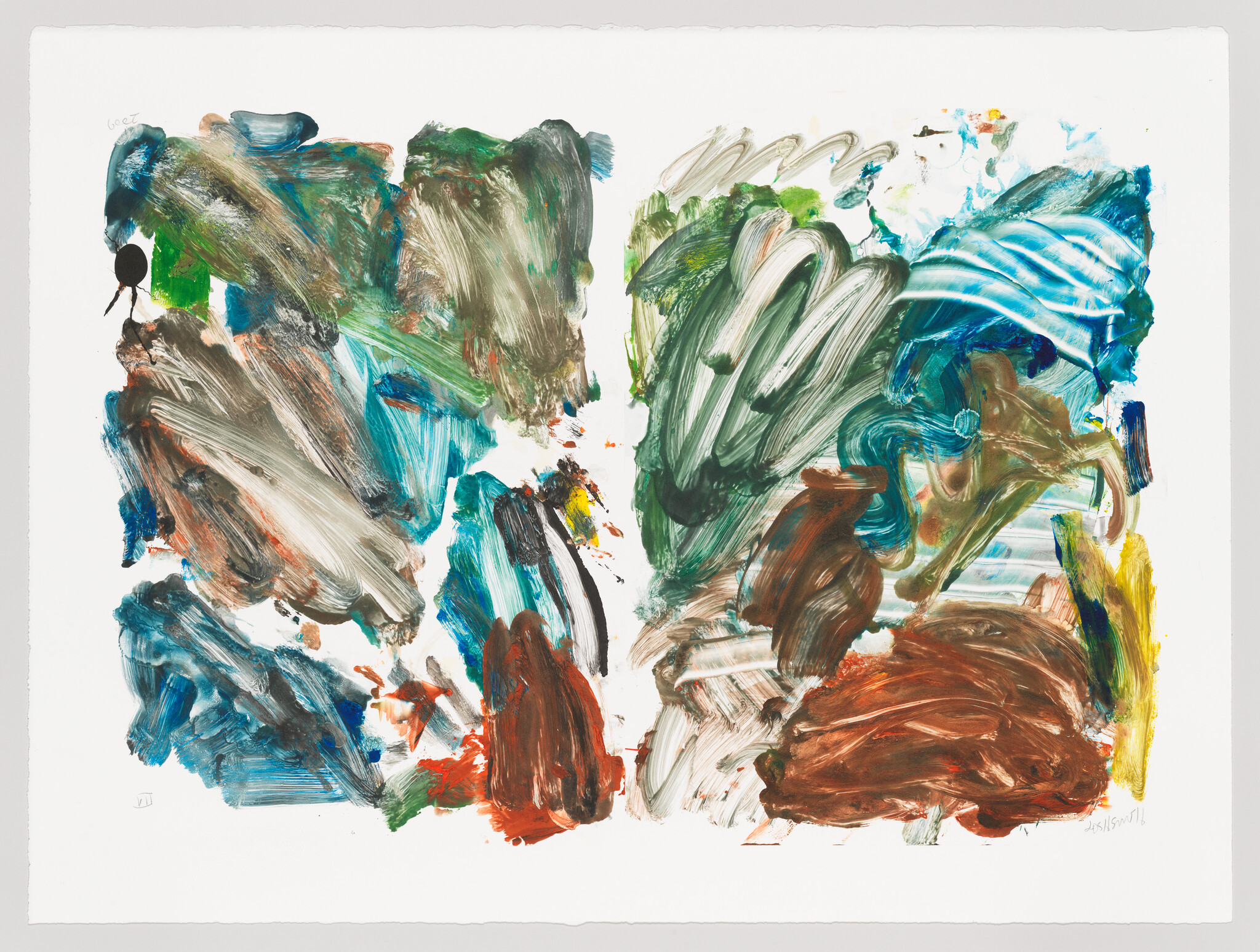 Large abstract painting with bold green, blue, and brown brushstrokes across a white background.