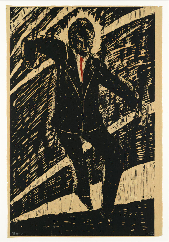 A man in a suit and red tie strides forward against swirling dark lines.