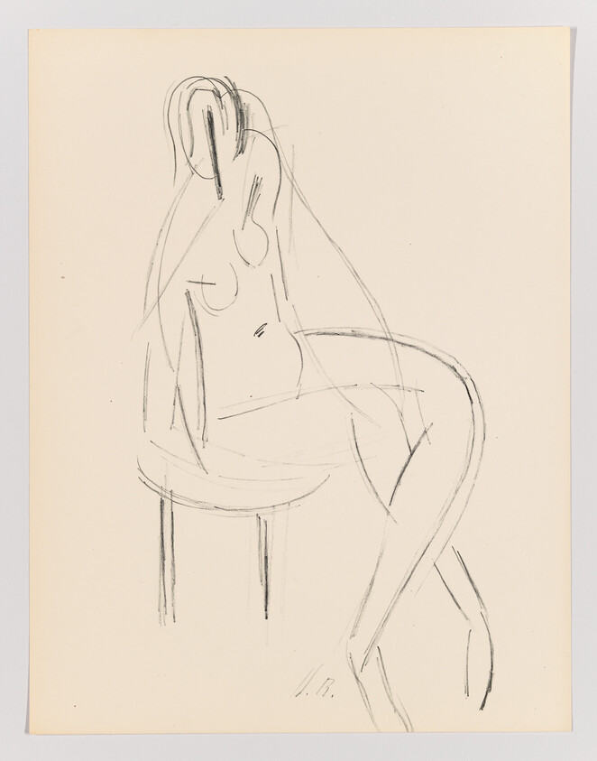 A simple charcoal sketch of a seated nude woman leaning on a round stool.