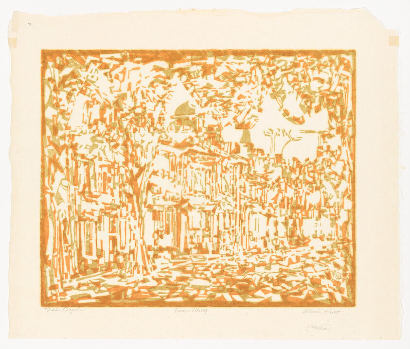 A warm orange print showing a tree-lined street with buildings and dappled sunlight.