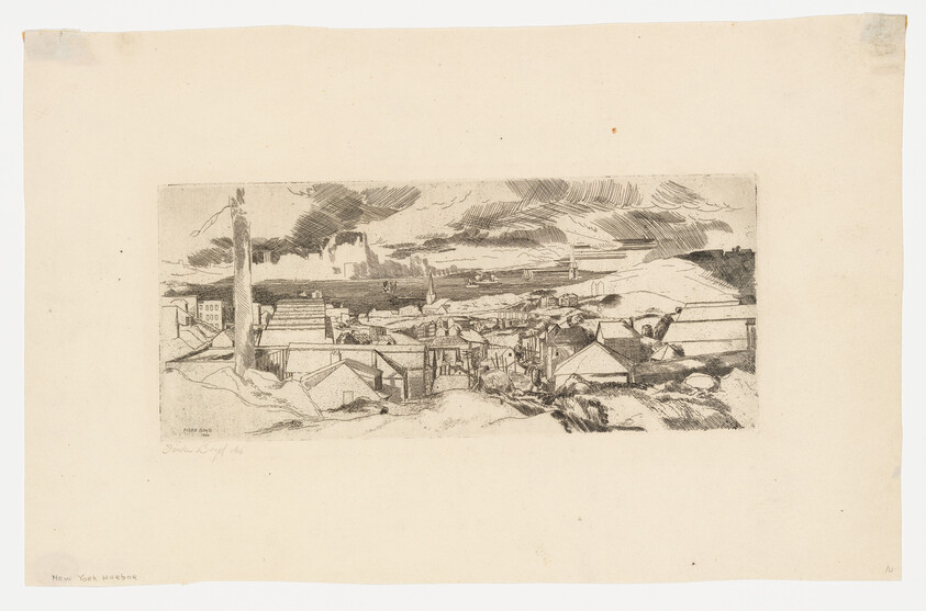 A wide etching showing rooftops of a coastal village with a distant lighthouse and cloudy sky.