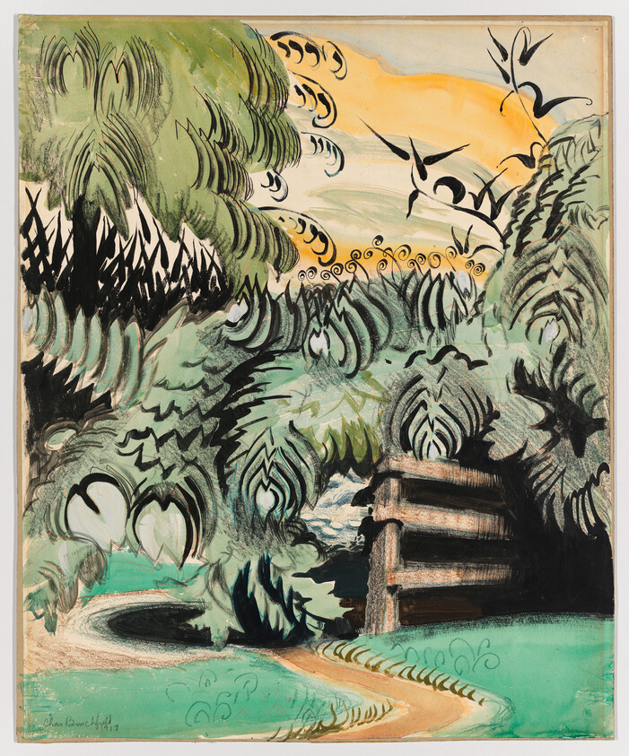 Winding dirt path leads through dense stylized trees toward a small wooden footbridge under a yellow sky.