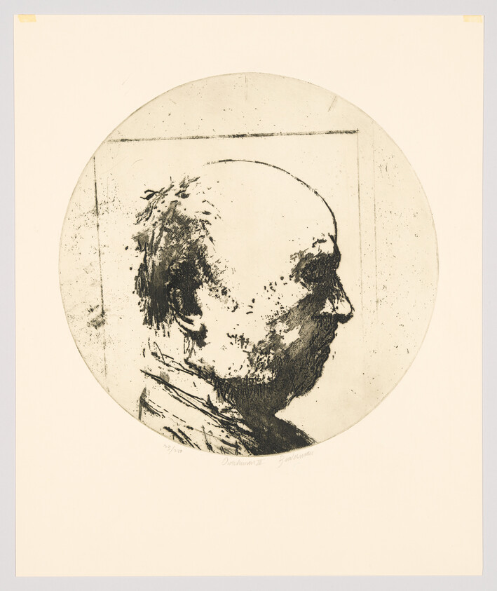A circular etching of a man's profile on a square piece of paper, featuring a bald head, prominent ear, and a hint of a beard, with expressive, rough lines and textures. The artist's signature and edition number are visible at the bottom.