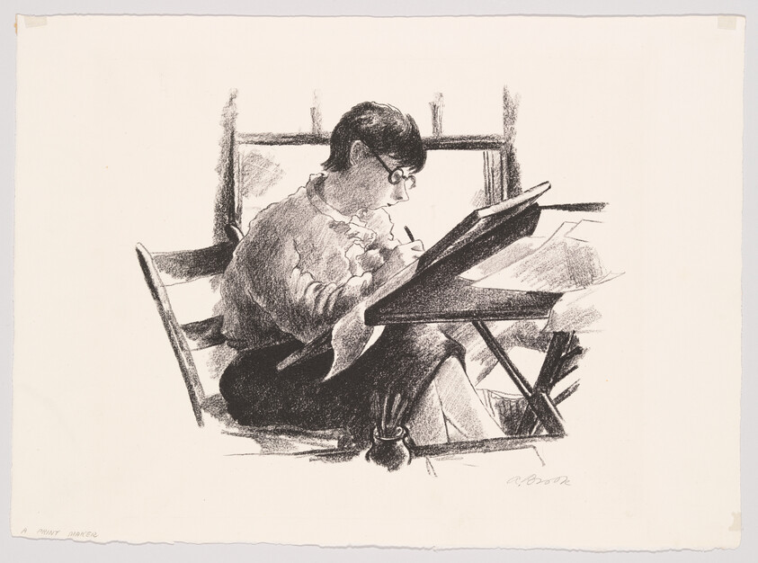 A young artist with glasses sits at a tilted drafting table sketching by a window.