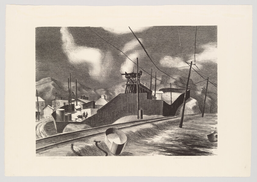 A stormy coastal industrial shoreline with tilted utility poles, waves washing the tracks, and small boats.