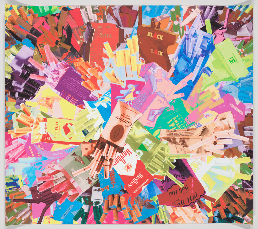 A colorful collage of numerous cigarette packs and loose cigarettes arranged in a radial explosion.