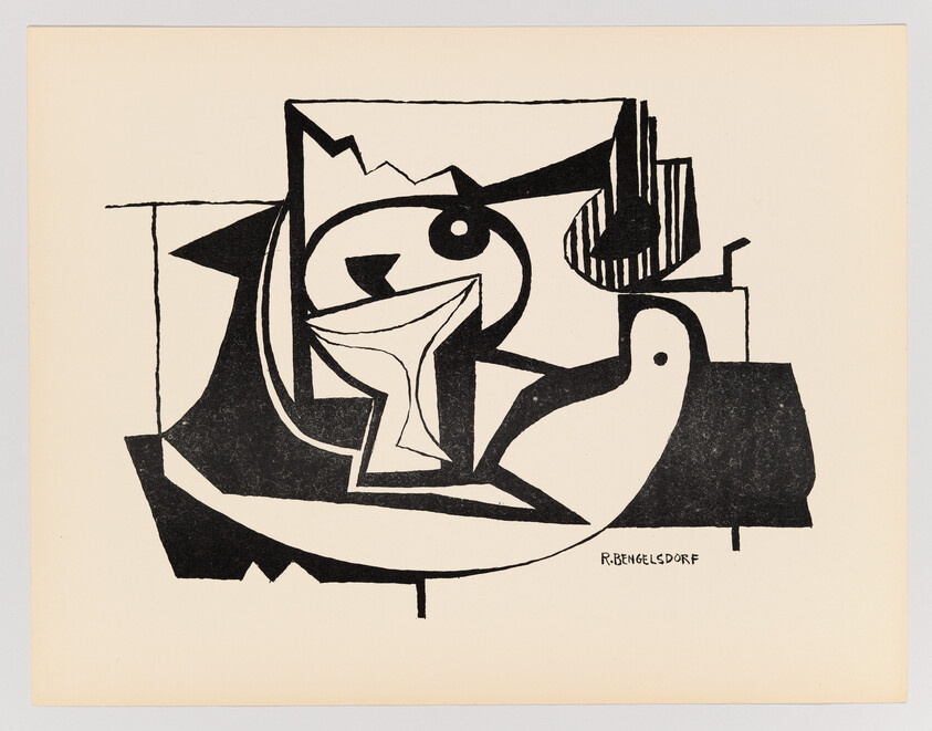 Black-and-white cubist still life showing a stylized bird, a goblet, and geometric shapes.