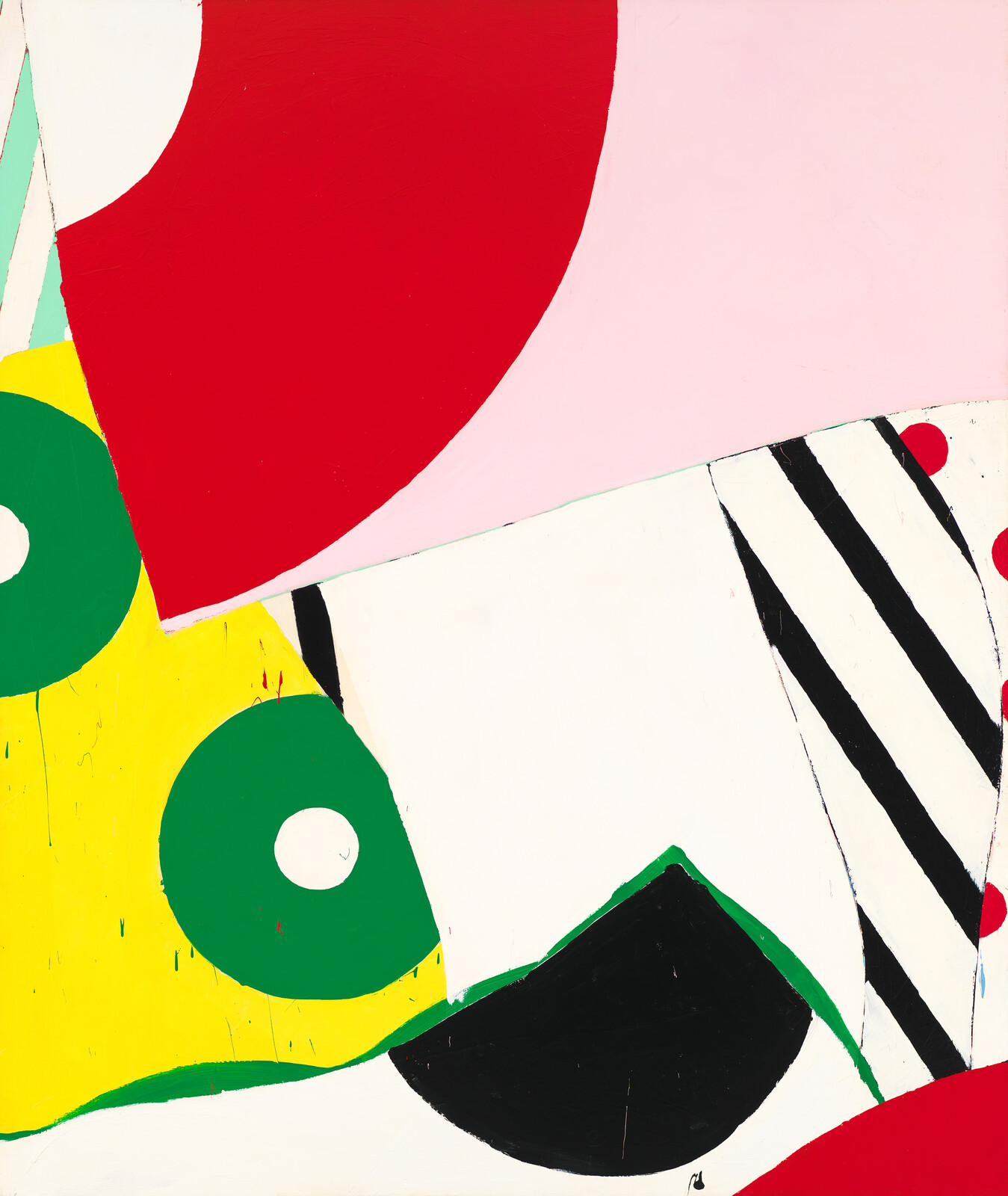 Bold abstract shapes in red, pink, yellow, green, black, and white form a dynamic composition.