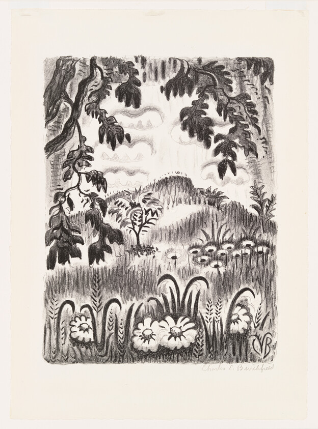 A black-and-white drawing of a leafy foreground, flowers, and rolling hills under a cloudy sky.