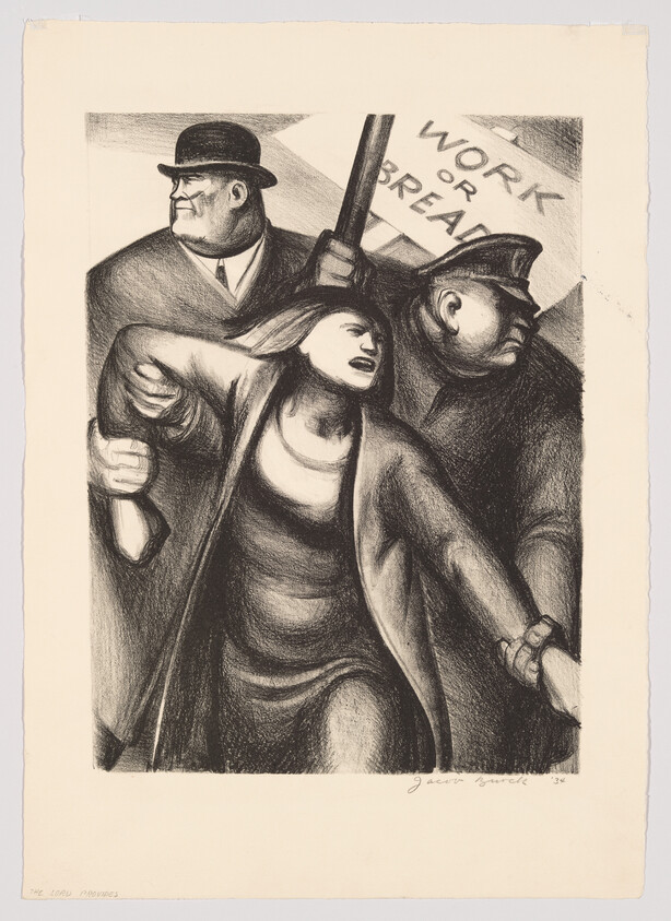 A woman is being seized by two men while a "Work or Bread" protest sign is held behind them.
