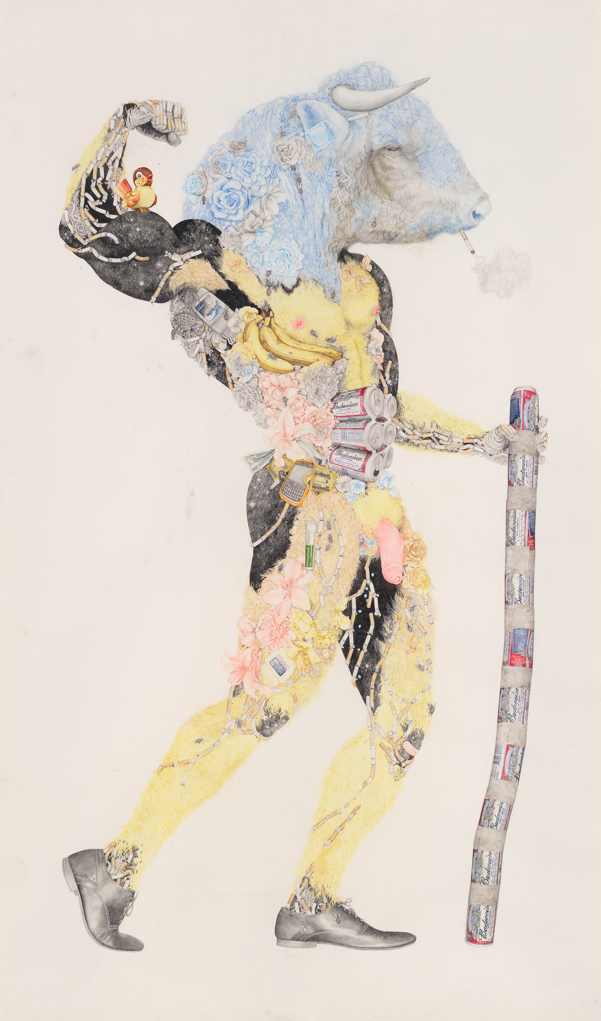 Bull-headed human figure flexing arm, smoking, and holding a Budweiser-can wrapped staff.