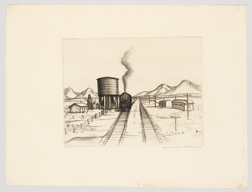 A steam locomotive approaches down the center tracks past a water tower and small station.