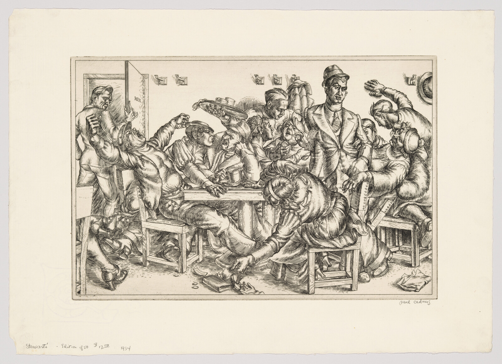 A crowded tavern scene with drunken men arguing, slumped figures, and a woman reaching for spilled coins.