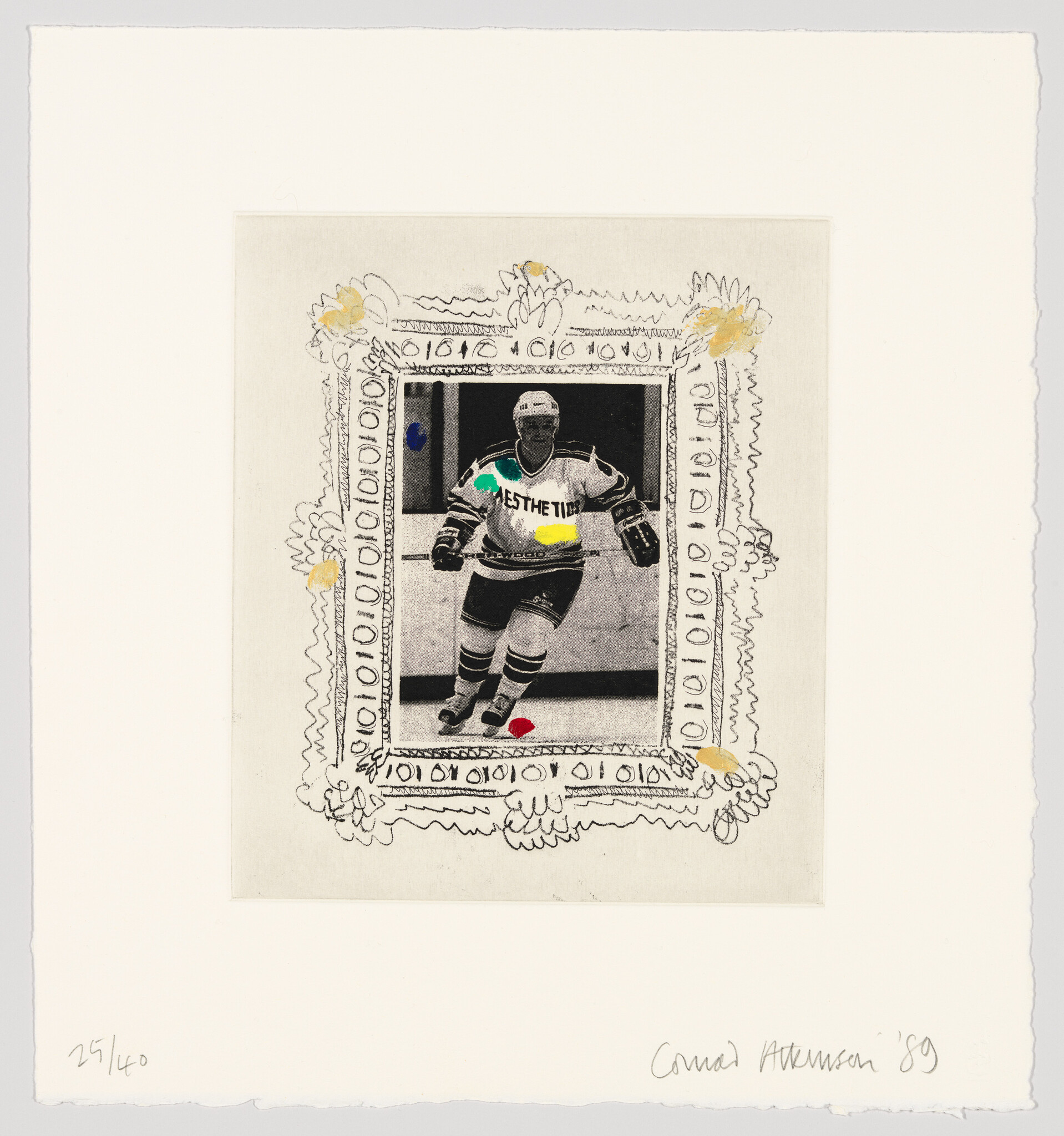 A hockey player skating on ice inside a decorative hand-drawn picture frame with colored paint spots.