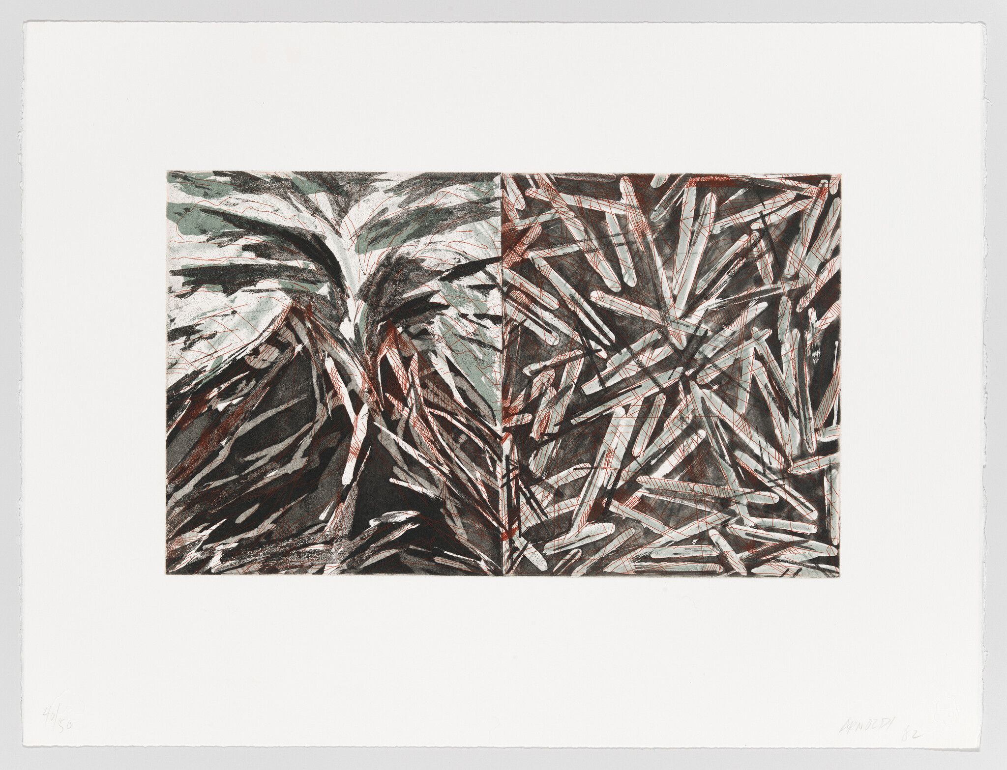 A print featuring an abstract design with interlocking patterns in shades of black, white, and red, centered on a white background. The artwork is numbered on the bottom left and signed on the bottom right.